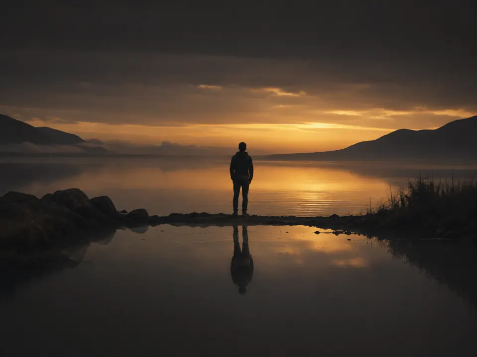 Leader reflecting beside a mountain lake at sunset