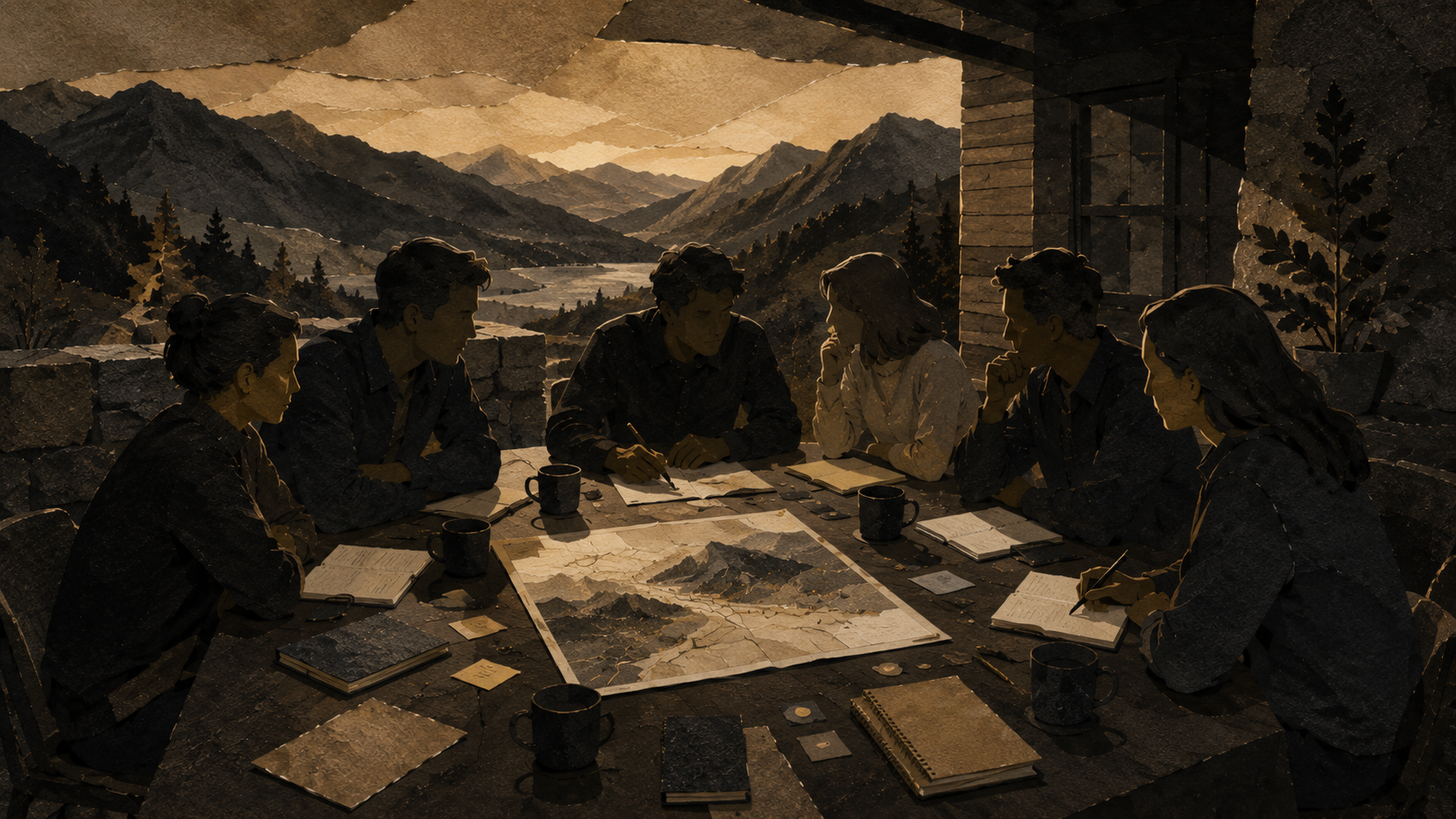 Team gathered around a map and notebooks in a mountain lodge