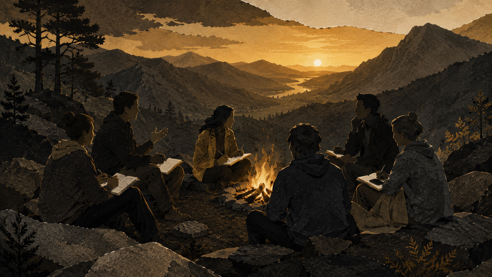 Small group around a campfire at sunset in the mountains