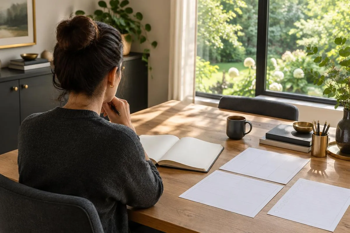 Person reflecting on an open journal and planning sheets beside a garden-facing window