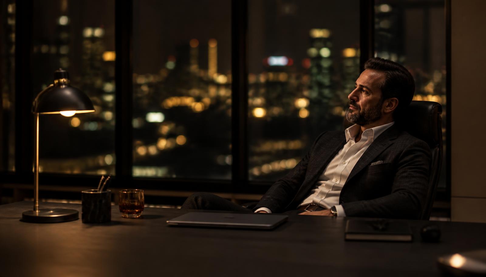 Founder sitting alone in a modern office after hours with city lights in the background
