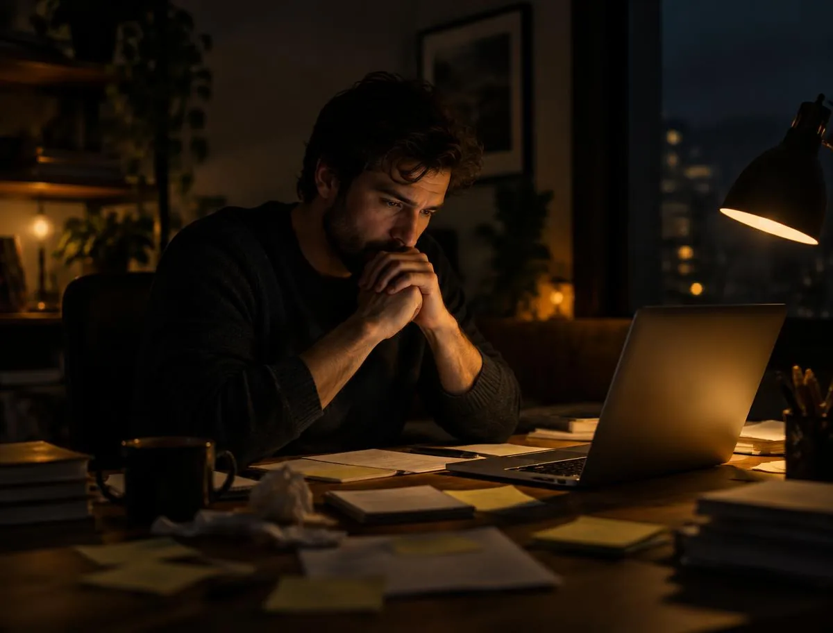 Founder at a desk late in the evening, weighed down by a day of constant decisions