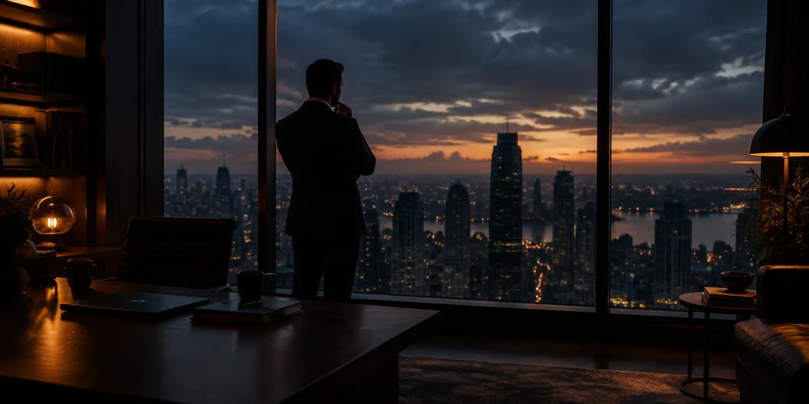 Business owner thinking at an office window at dusk, reflecting on the weight of leadership decisions