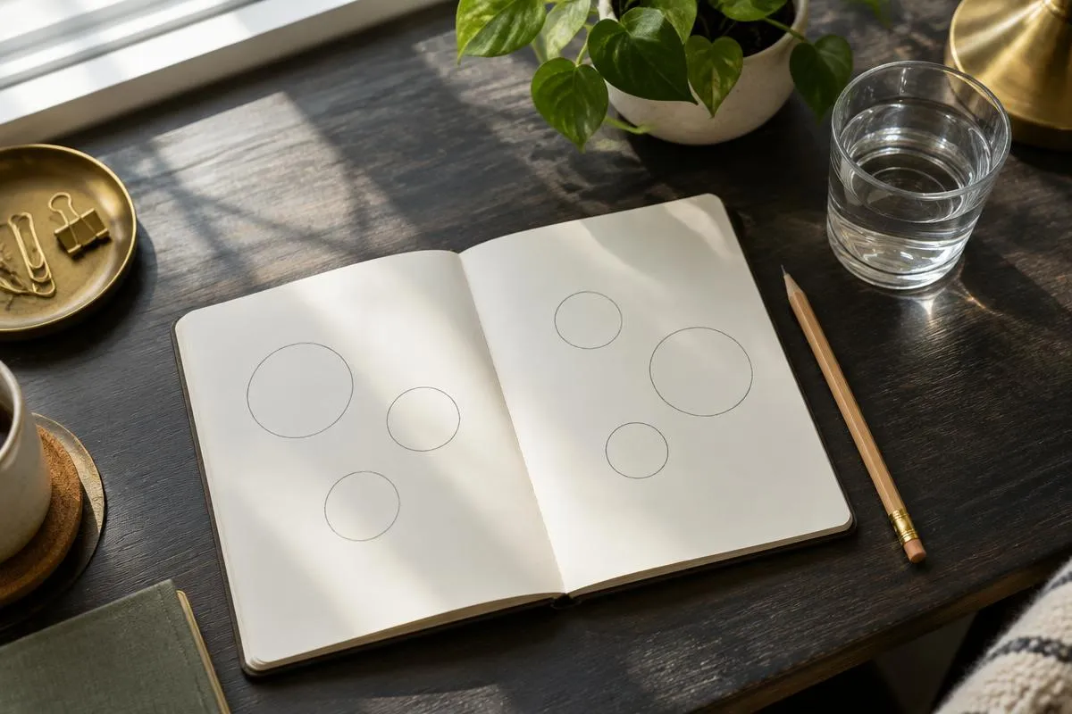 Open reflection notebook, pencil, and water on a desk in natural window light